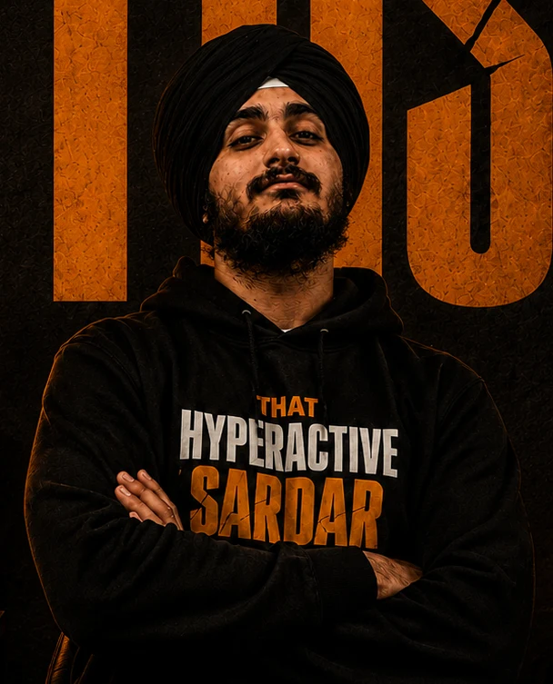Abhileen Singh Saluja, wearing a black turban and That Hyperactive Sardar hoodie